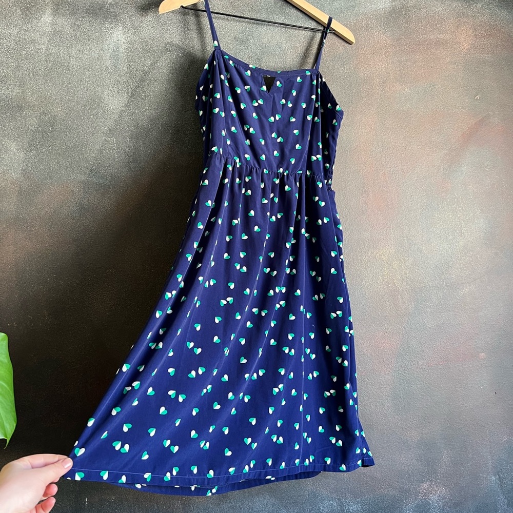 Navy Empire Midi Dress with Green and White Hearts